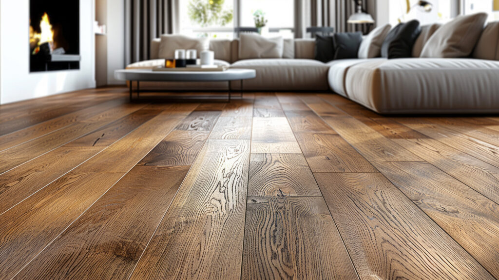 close up of textured hardwood with living room in background 