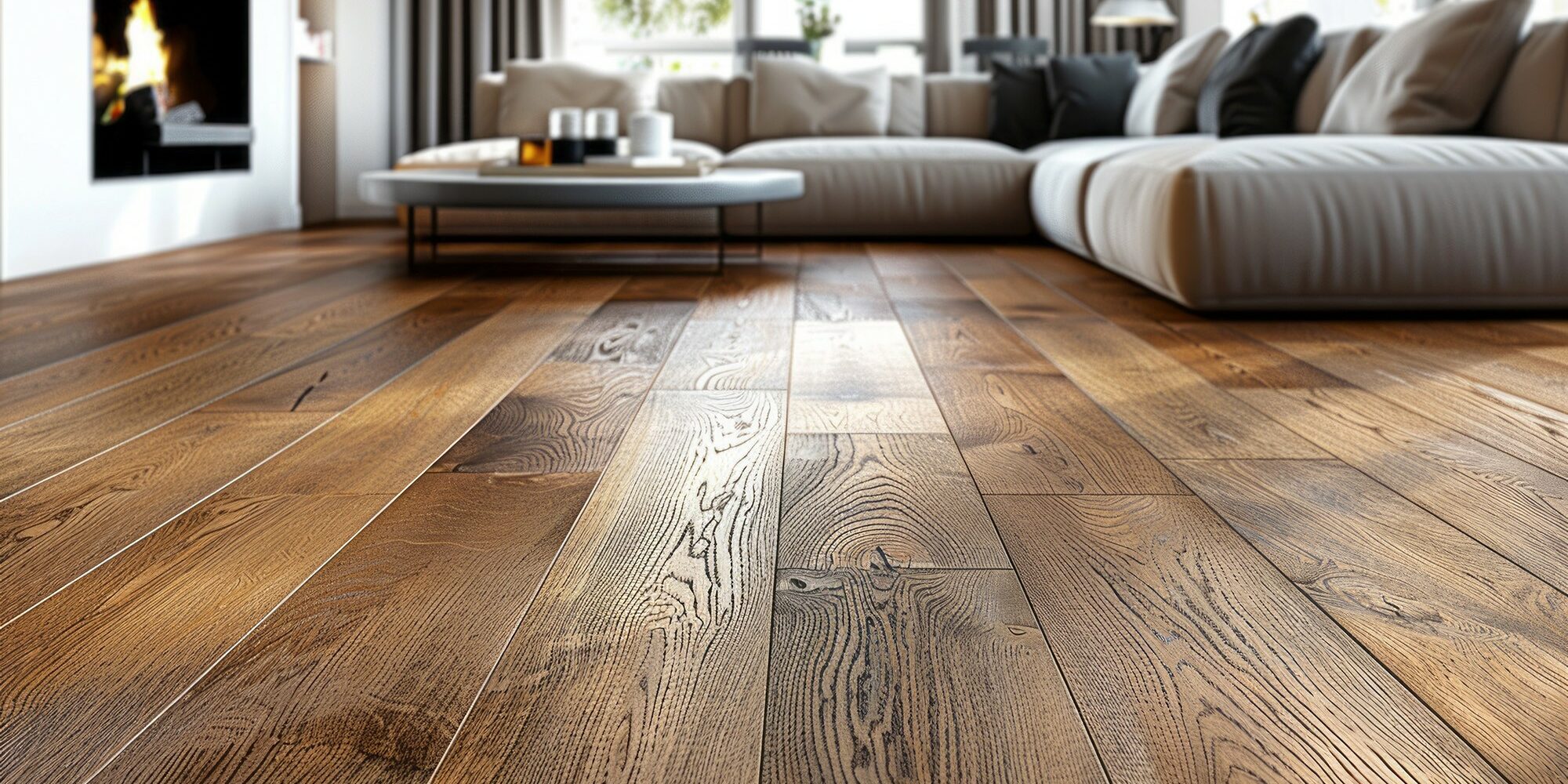 close up of textured hardwood with living room in background